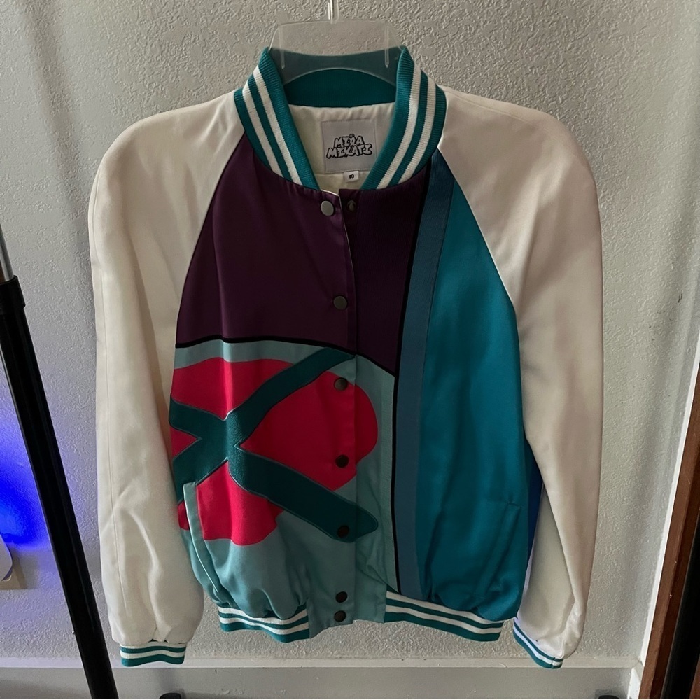 KAWS x MIRA MIKATI sz 40 S White Blue Bomber Jacket Snap Buttons $1895